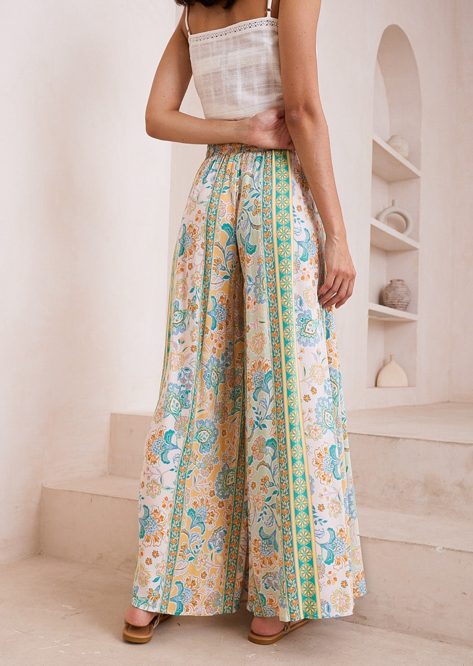 Panama Green/Orange/Pale Yellow Floral Palazzo Pants