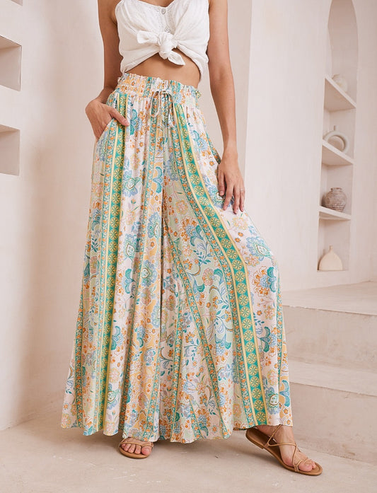 Panama Green/Orange/Pale Yellow Floral Palazzo Pants