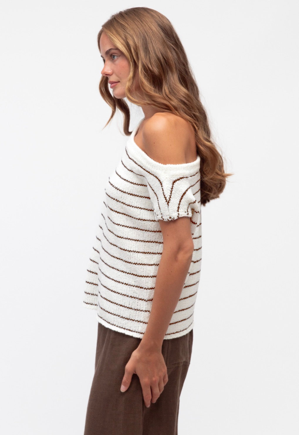 Carrie White/Oatmeal Stripe Off the Shoulder Knit Top