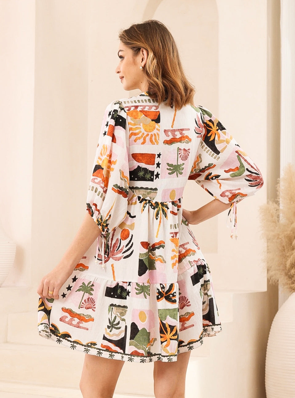 Belinda Tan/Pink/Green Block Print Mini Dress