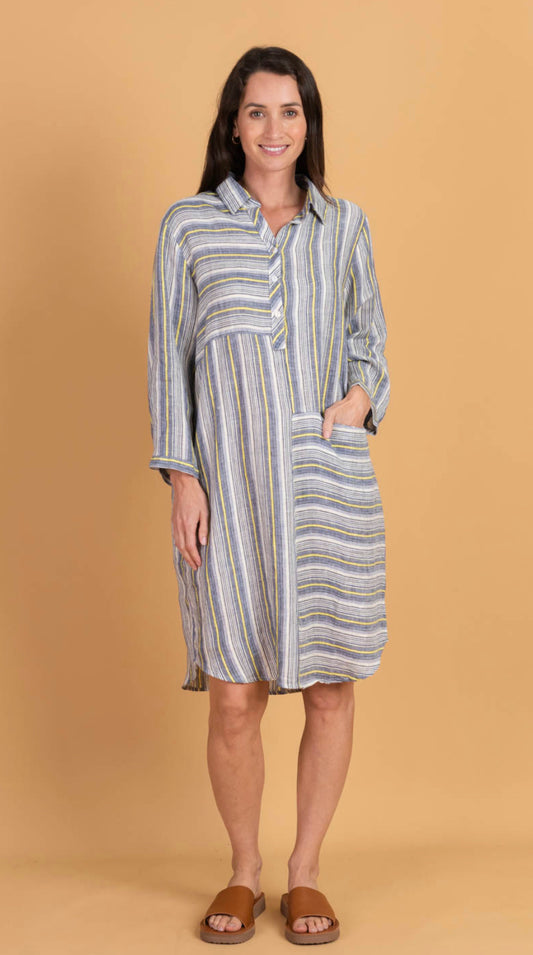 Lisa Blue and Lemon Striped Linen Shirt Dress