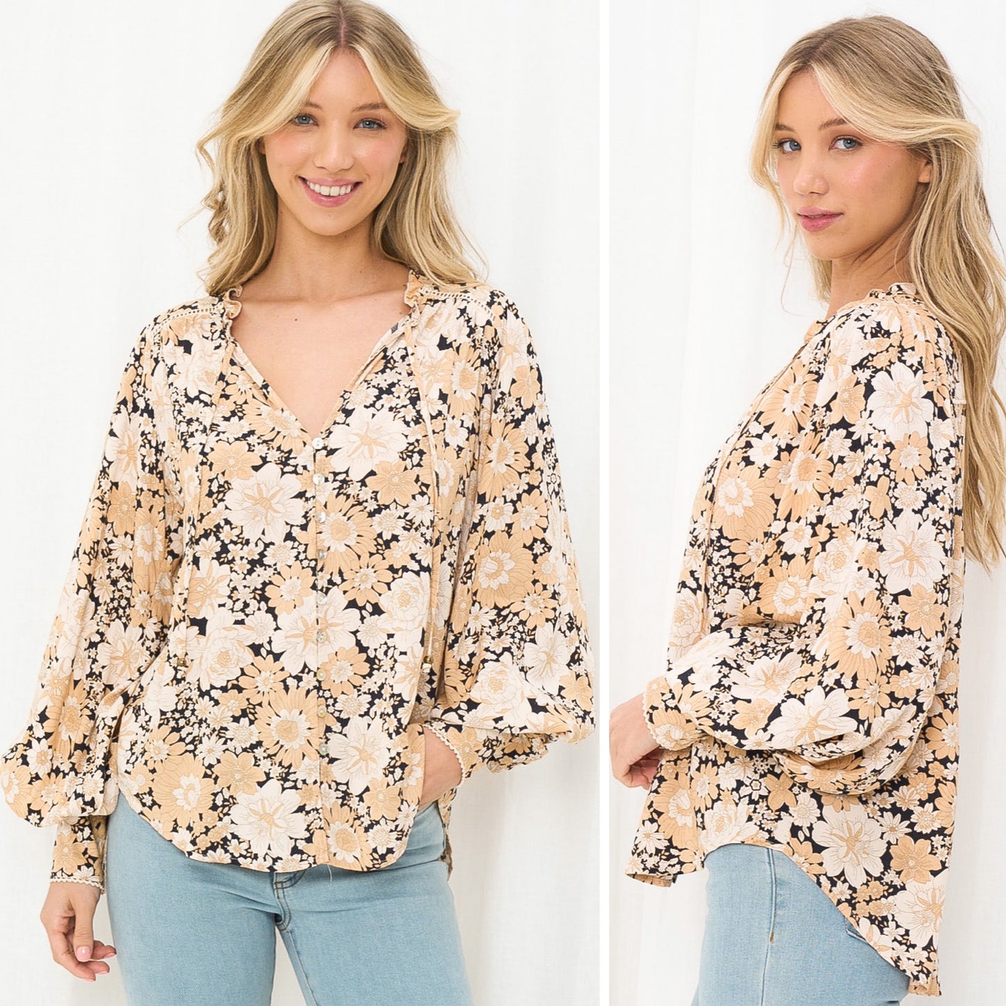 Panama Black and Beige Floral Blouse